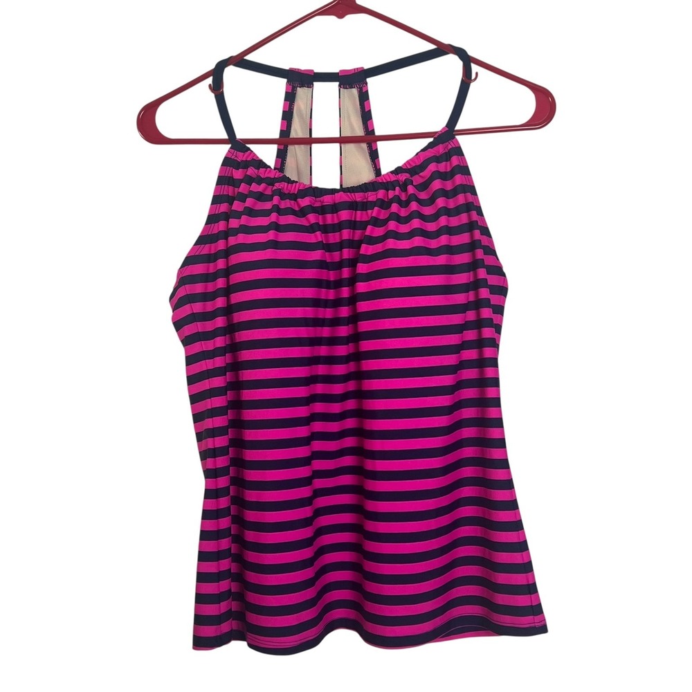Merona Women's Tankini Swim Top Striped Pink Black‎ Shirred Halter Neck Size L